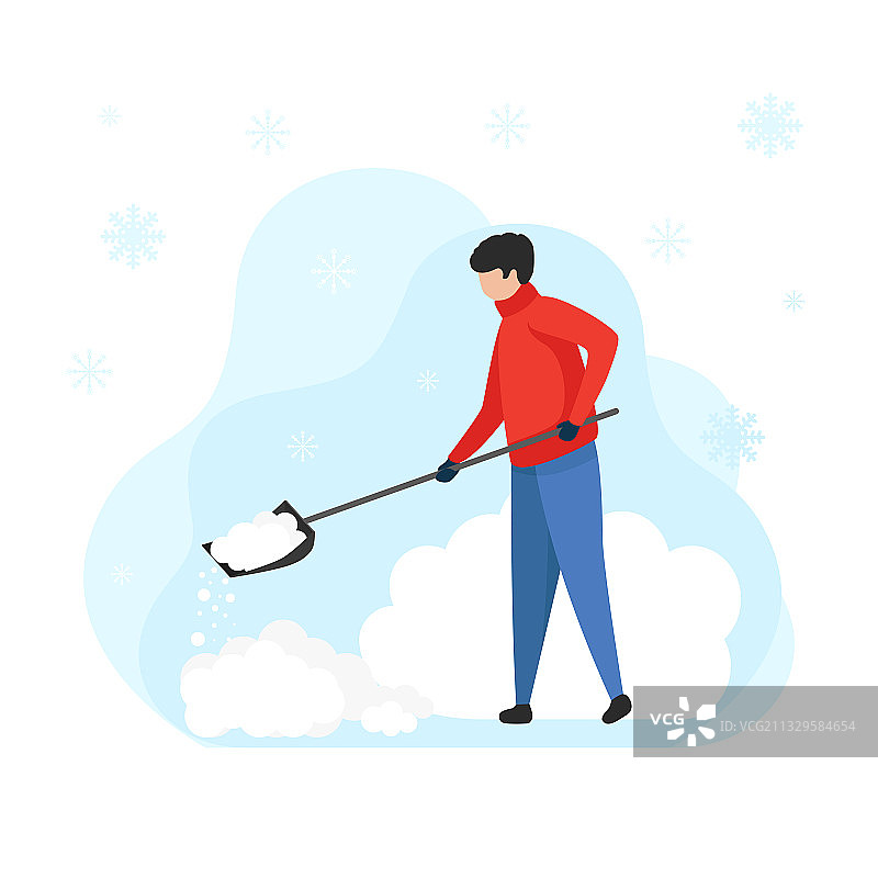 用铲子清理积雪的年轻男人图片素材