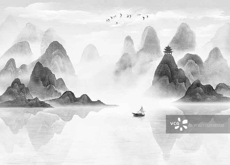 中国风意境水墨山水背景插画图片素材