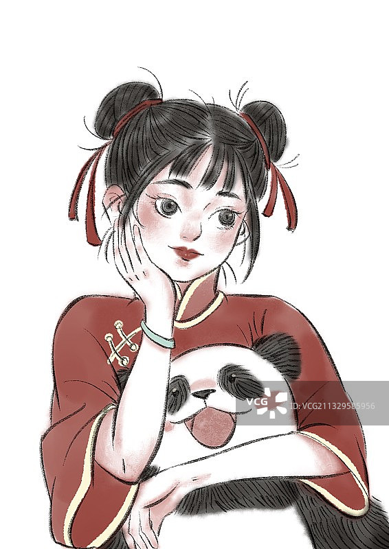 少女与熊猫图片素材