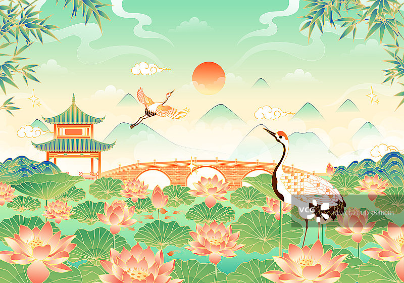 国风湖水荷花风景插画图片素材