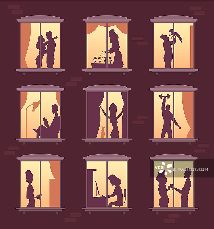 夜晚家中窗户里的人们剪影图片素材