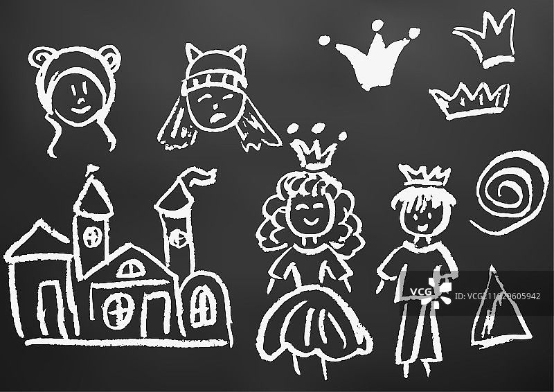 儿童在黑板上用白色粉笔绘画图片素材