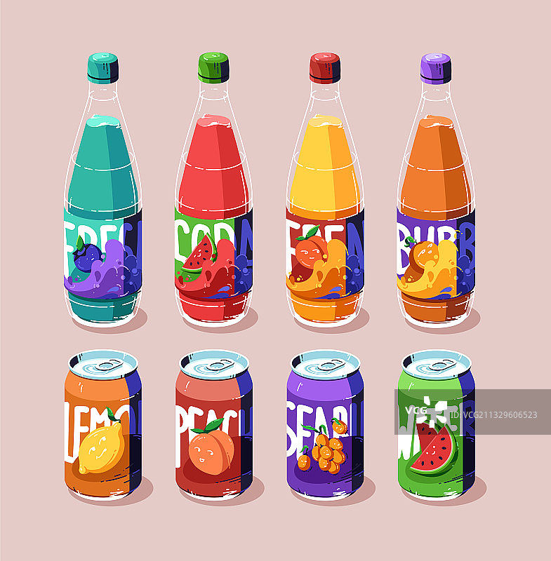 冷饮水果苏打水罐和瓶子套装图片素材