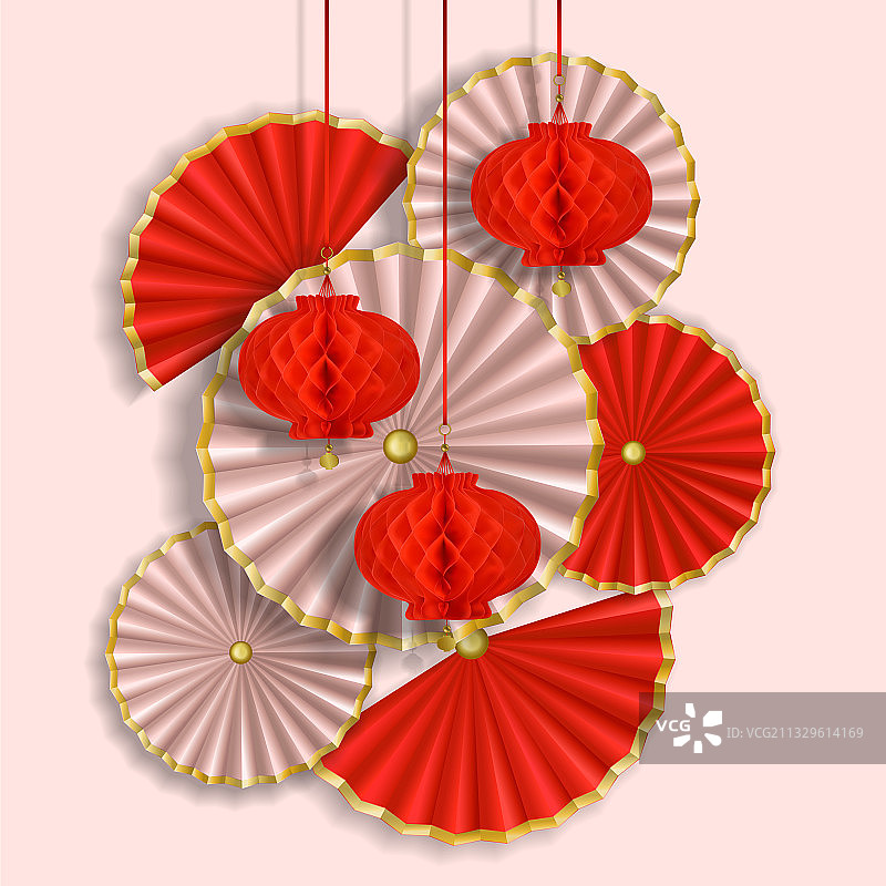 红白纸花扇构图图片素材