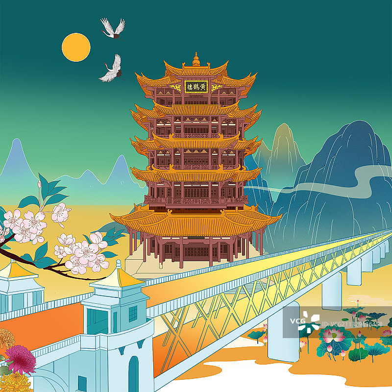 中国历史文化名楼湖北武汉黄鹤楼建筑插画图片素材