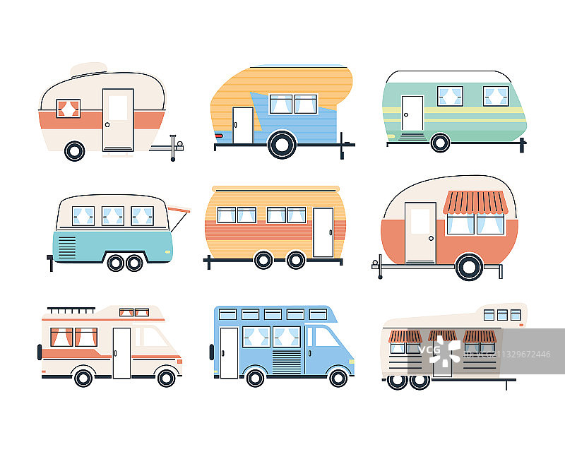 露营拖车和厢型车图标集设计图片素材