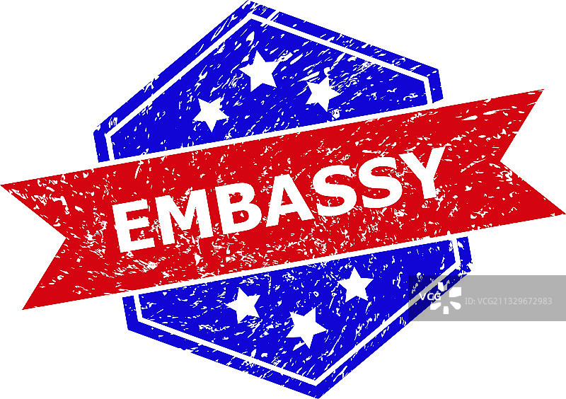 六边形双色大使馆印章，具有不整洁的风格图片素材