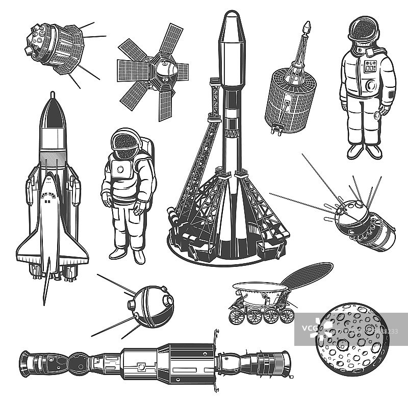 探索宇宙星系单色图标集图片素材