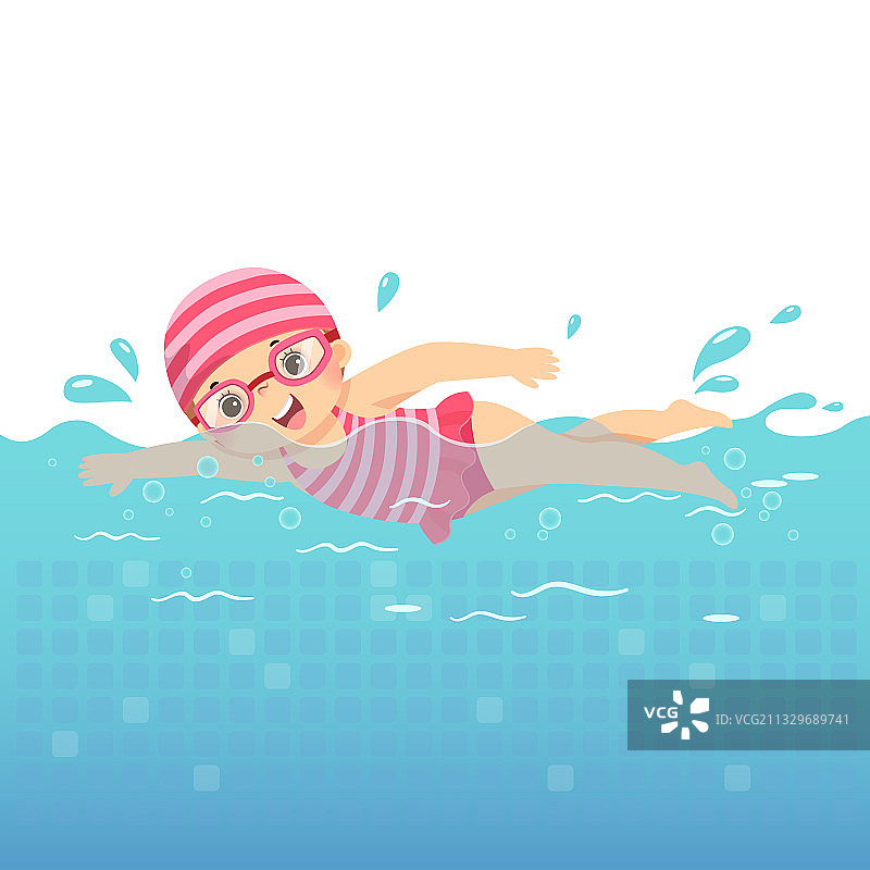 小女孩在游泳池里游泳图片素材
