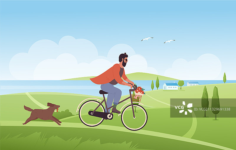 男人在夏日自然风光中骑自行车图片素材