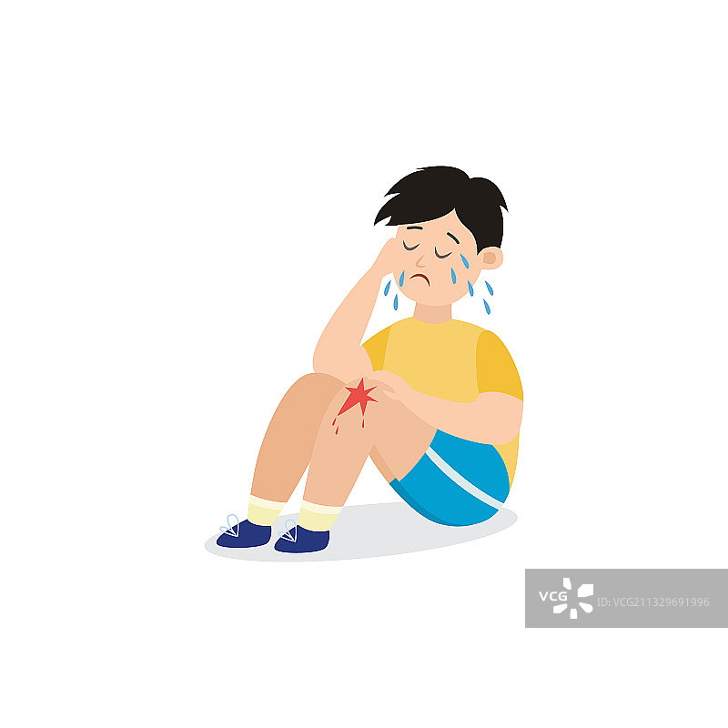 孩子哭泣，膝盖受伤疼痛扁平插画图片素材