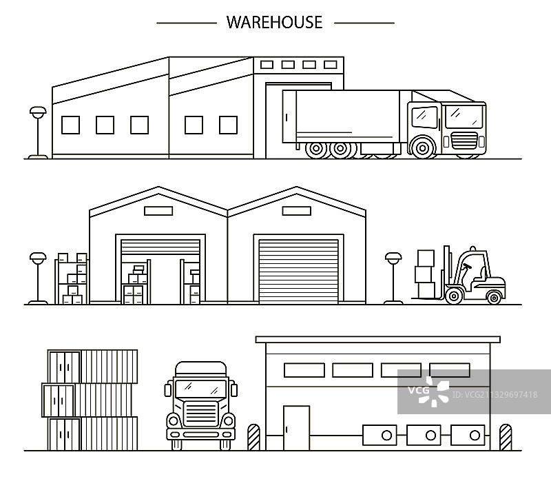 仓库建筑标志轮廓线性图标集图片素材