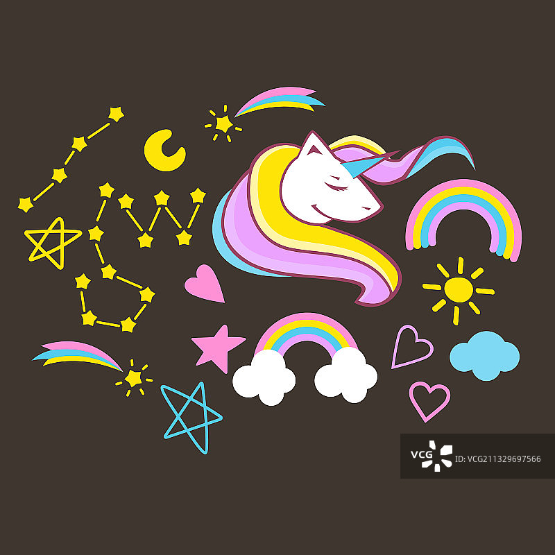 深色背景上精美的独角兽元素合集图片素材