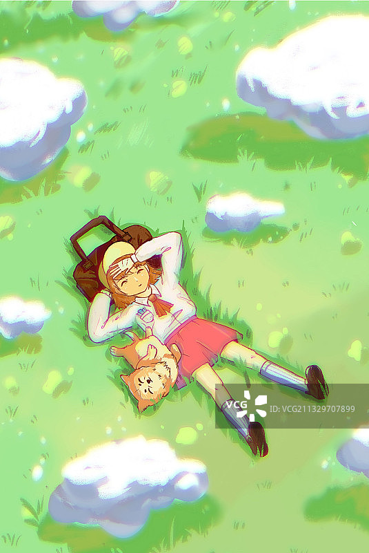 户外休闲躺草地与狗狗图片素材