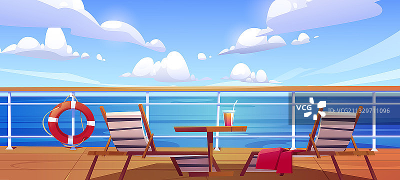 带有日光躺椅和木桌的游轮甲板图片素材