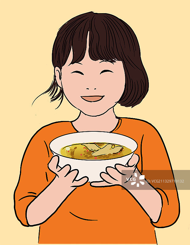 女孩捧鸡汤美食生活方式喝汤插画图片素材