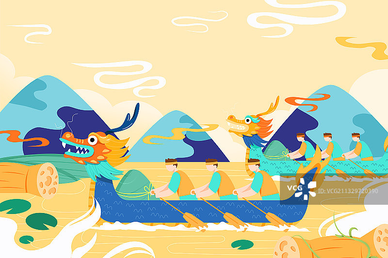 卡通端午节粽子美食赛龙舟电商传统节日习俗中国风国潮矢量插画图片素材