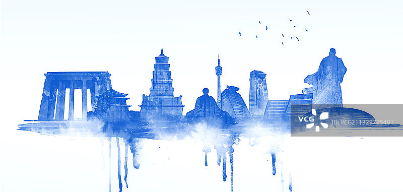 水墨中国风西安地标建筑插画图片素材
