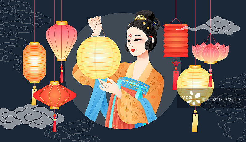 一个提着灯笼的汉服少女和花灯插画图片素材