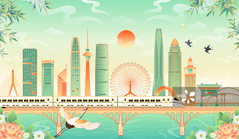 行驶在天津的高铁矢量插画图片素材