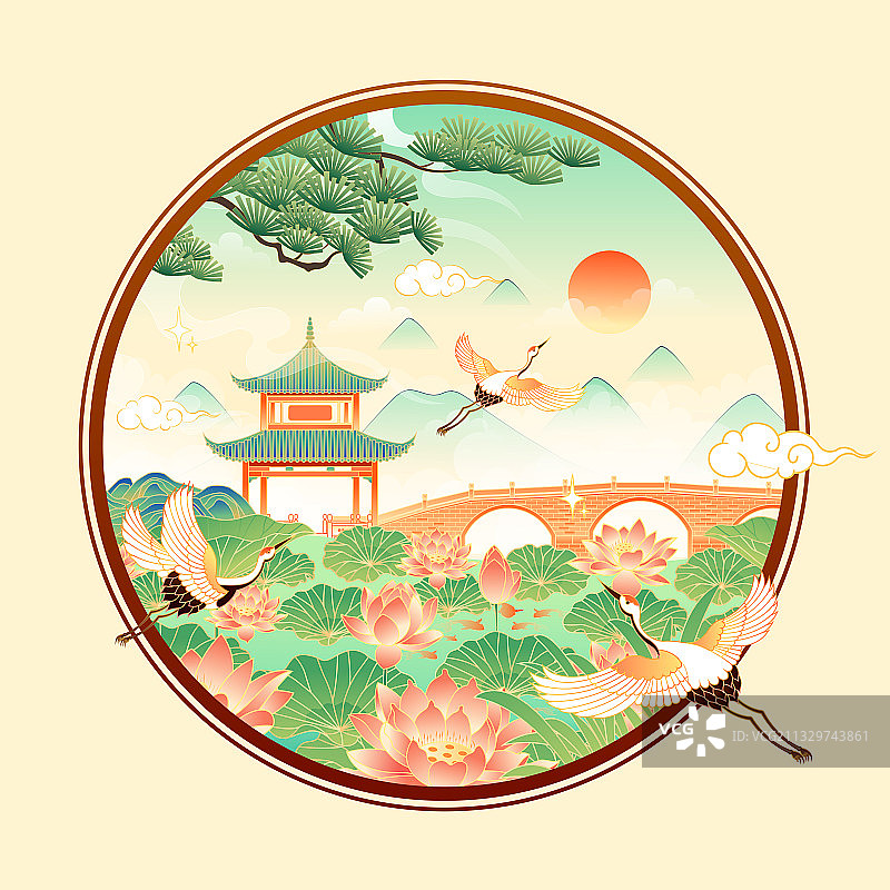 国风山水古亭园林风景矢量插画图片素材