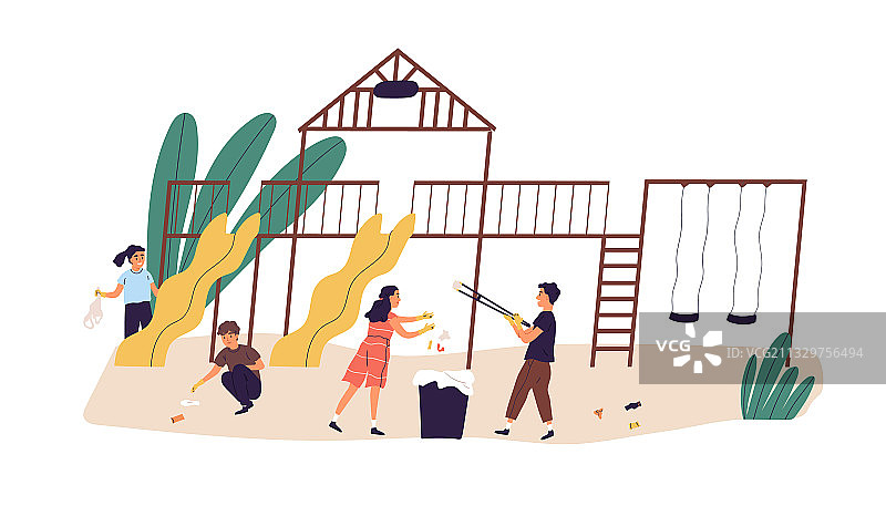 孩子们在操场上清洁垃圾图片素材