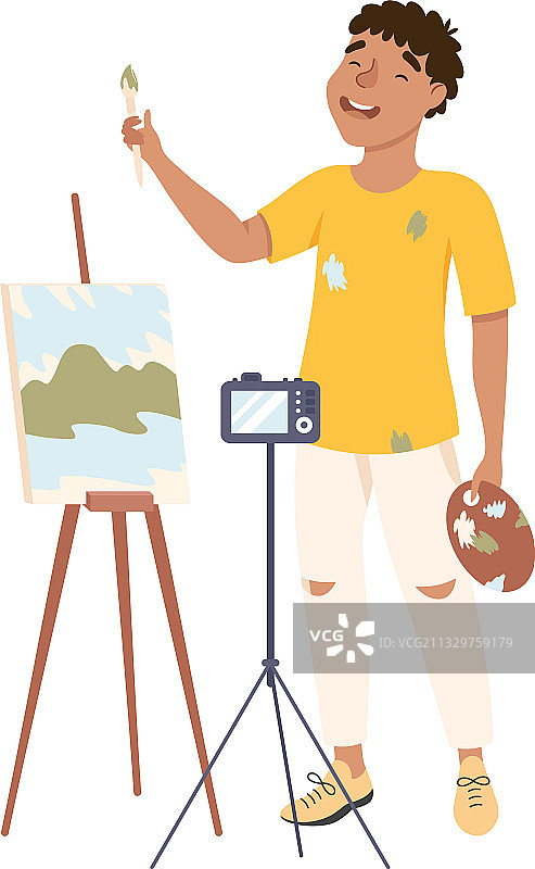 画家博主在画布上绘画并录制视频图片素材