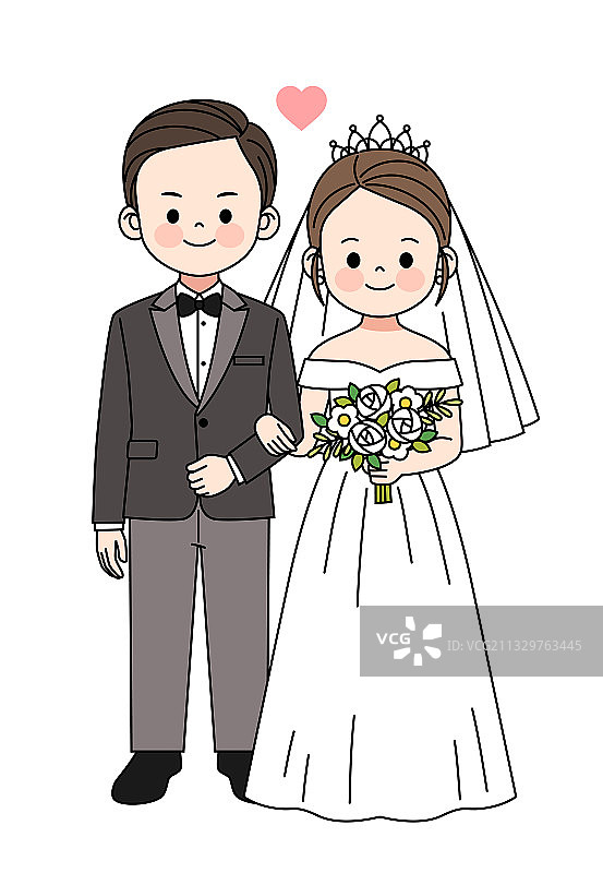 卡通新郎新娘婚纱照插画图片素材