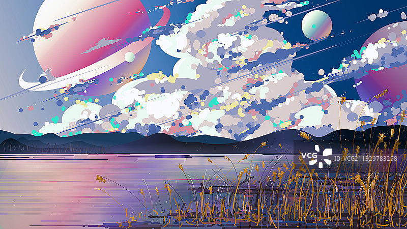星际梦幻宇宙天空粉色星球彩色云朵湖面湖边山群绵延壮丽风景矢量图片素材