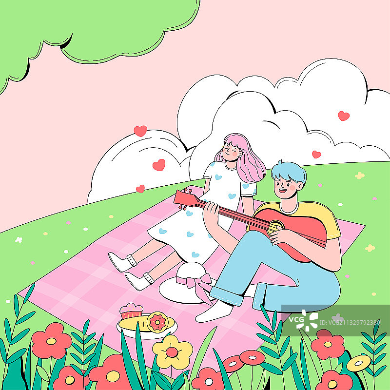 情侣在户外草坪弹吉他浪漫矢量插画海报方图图片素材