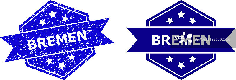 带有干净和不洁纹理的六边形不莱梅印章图片素材