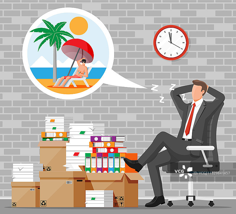 商务男士角色在成堆的文件中睡觉图片素材