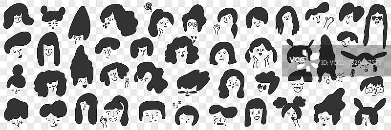 黑发女性发型涂鸦套装图片素材