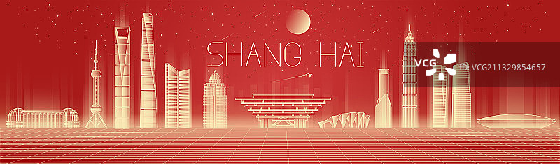 线性红金科技感上海地标建筑城市矢量插画图片素材