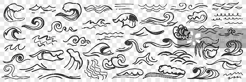水面上的海浪涂鸦套装图片素材