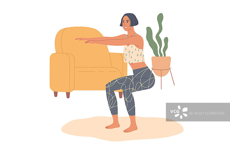 运动型女人在家练习深蹲图片素材