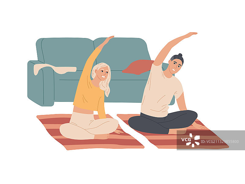 年轻情侣居家锻炼图片素材