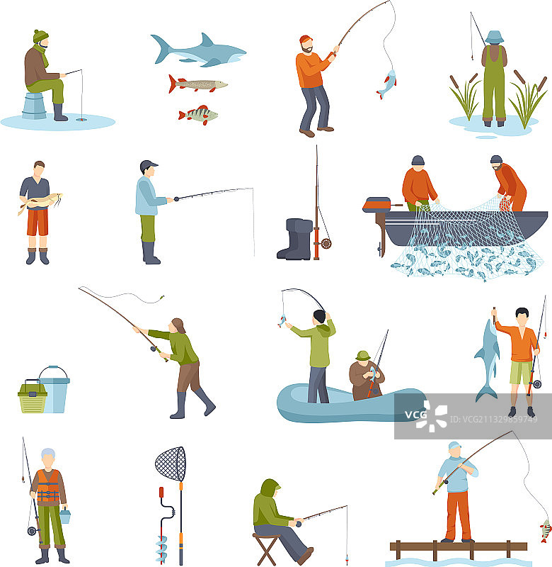 钓鱼人物、鱼和工具图标集图片素材