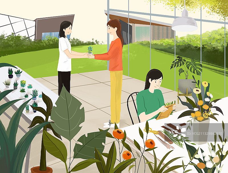 扁平风植物花园做手工浪漫小清新插画图片素材