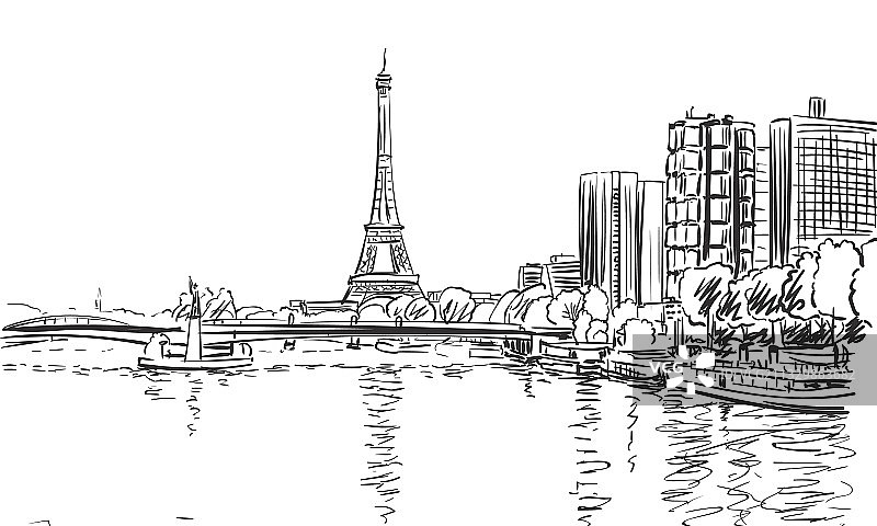 埃菲尔铁塔与塞纳河城市景观速写图片素材