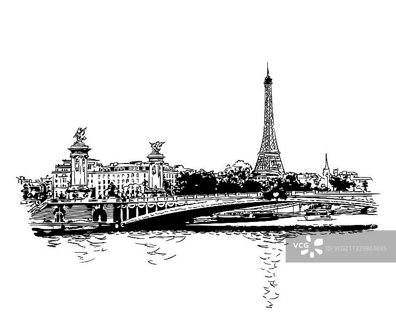 巴黎城市风光：埃菲尔铁塔与亚历山大三世桥图片素材
