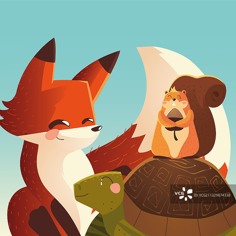 卡通动物：可爱狐狸、乌龟与松鼠图片素材