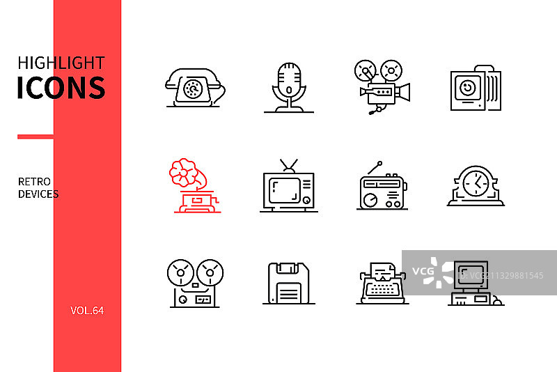 复古设备 - 线条设计风格图标集图片素材