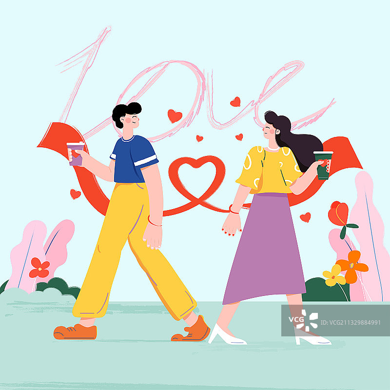 情人节纪念日情侣拿着咖啡甜蜜对望矢量插画海报方图图片素材