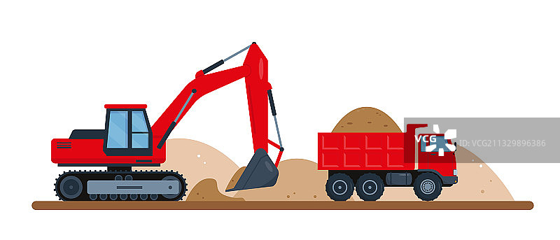 红色挖掘机挖土和自卸卡车图片素材
