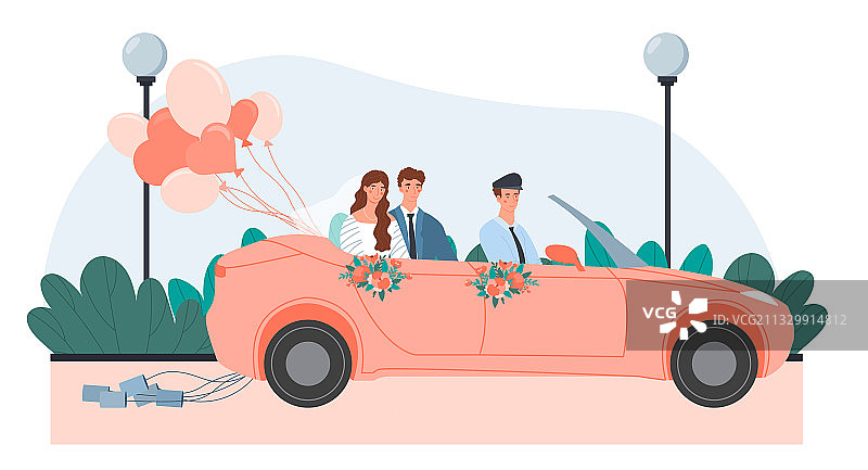 粉红色敞篷车上的新婚夫妇图片素材