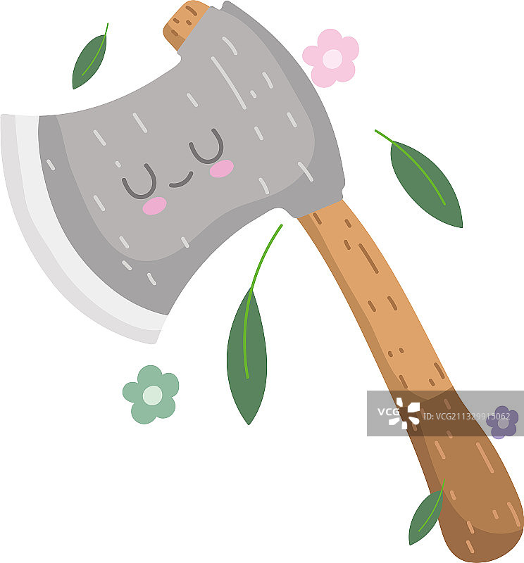 卡通风格的露营斧头与叶子花朵图片素材