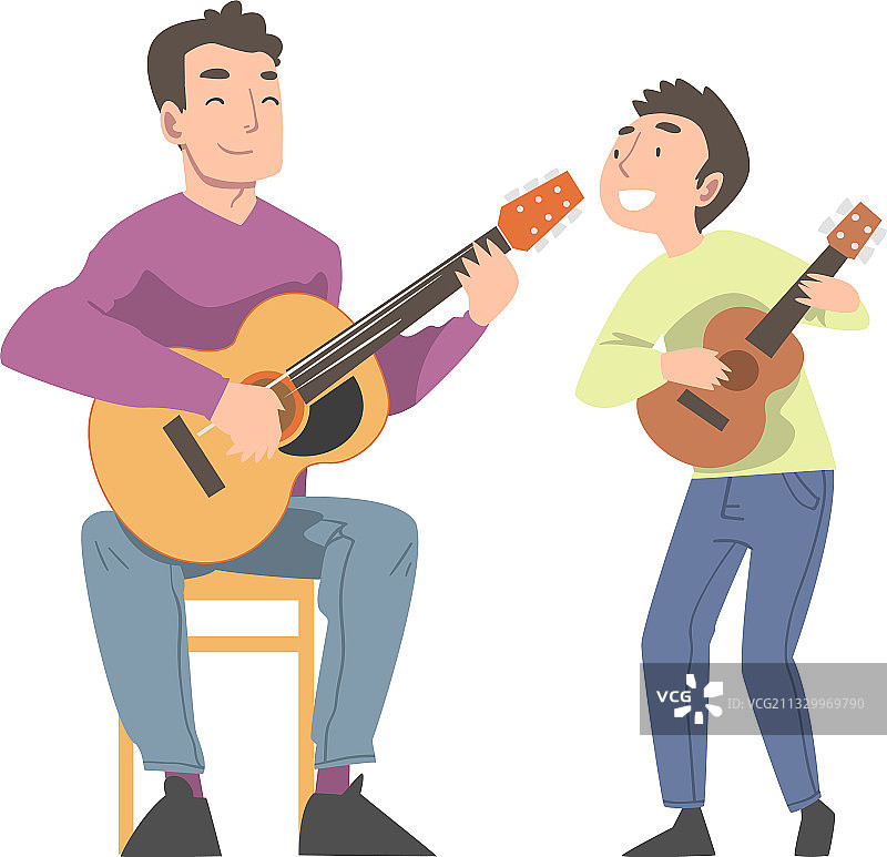 父子弹吉他，父亲和儿子图片素材