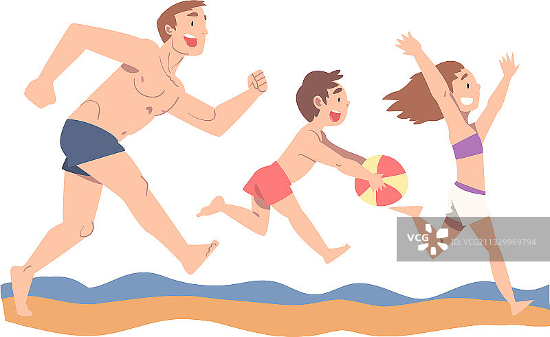 爸爸和孩子们在海滩上快乐玩耍图片素材