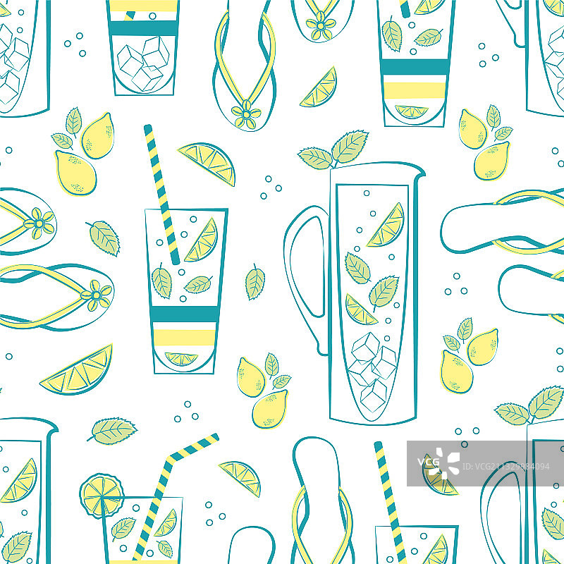 薄荷柠檬水罐玻璃杯和人字拖图片素材